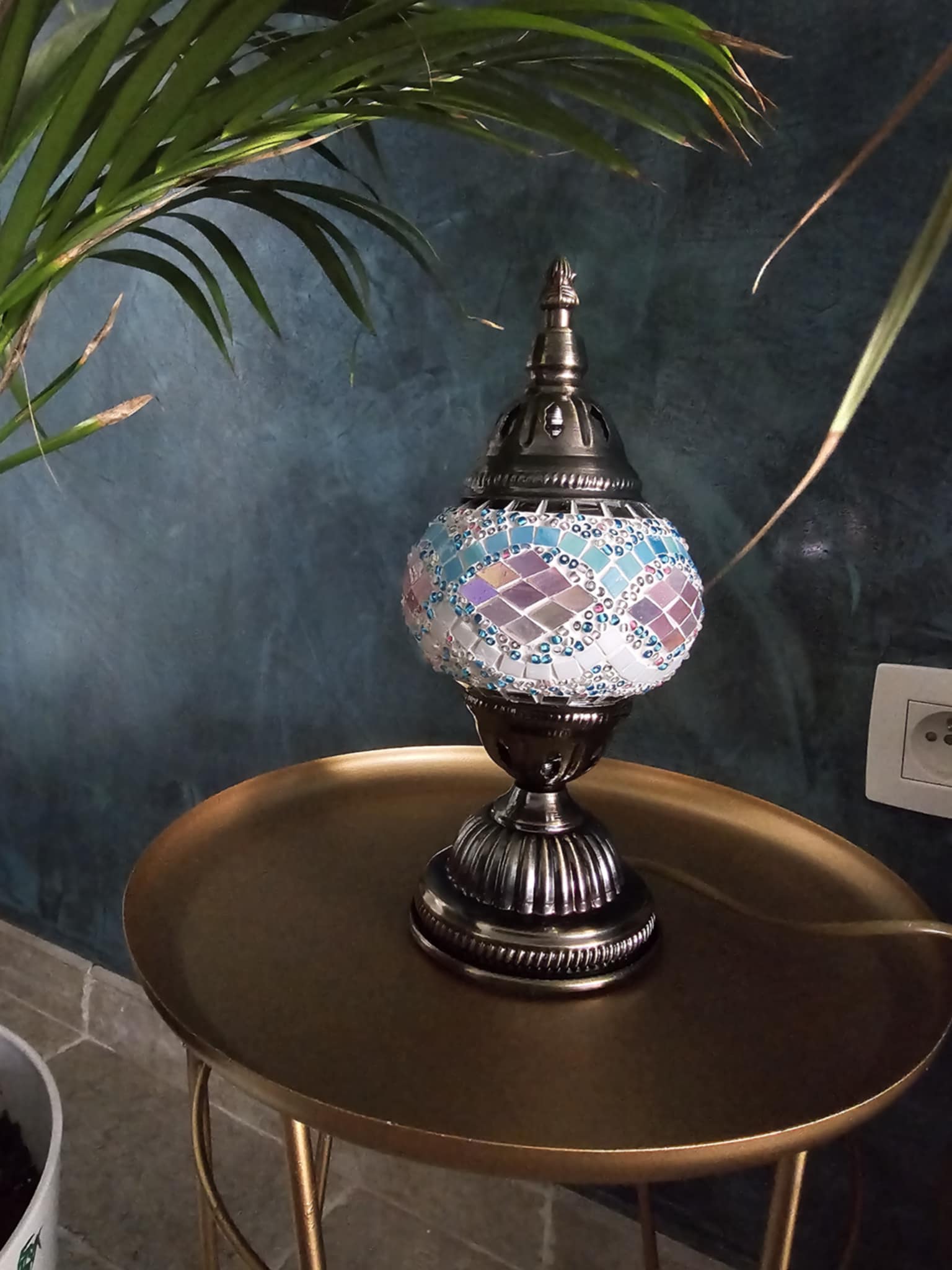 Lampe Turque Artisanale en Verre Mosaïque – 28 cm | Prise Européenne