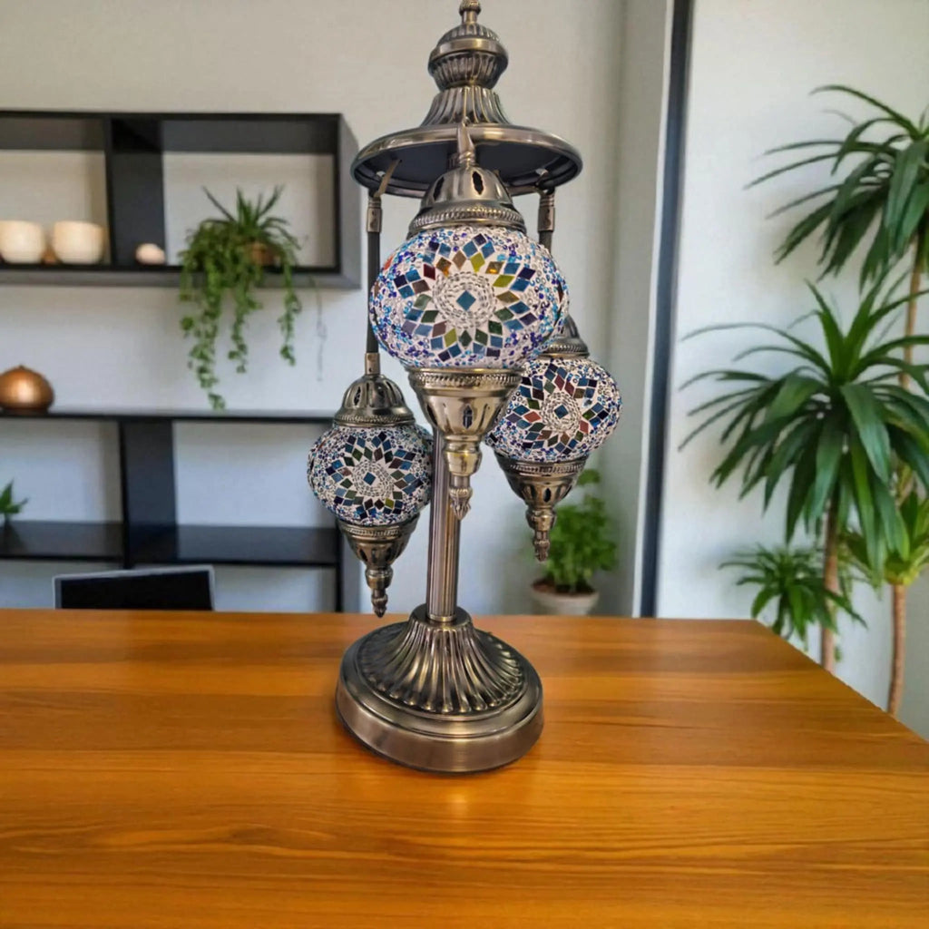 Lampe 3 globes bleue ambre mosaïque artisanat authentique