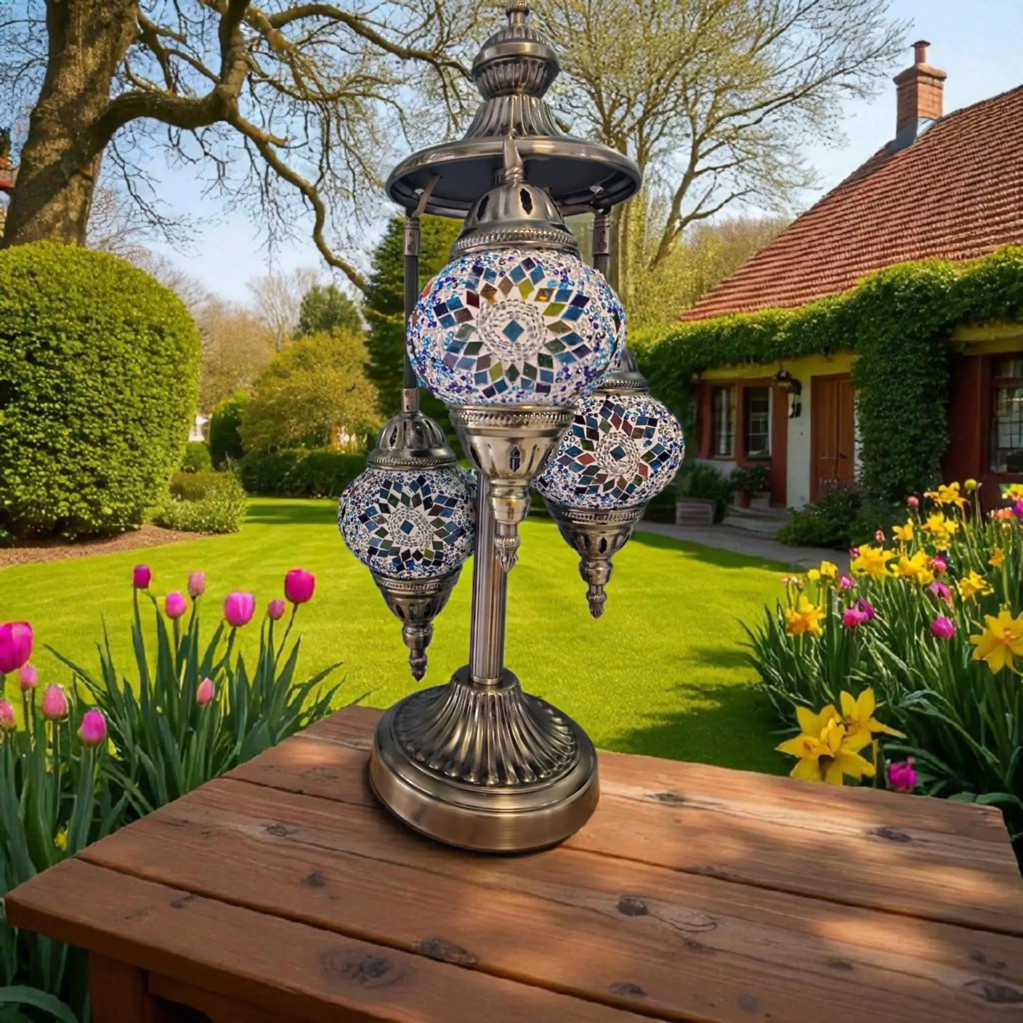 Lampe 3 globes bleue ambre mosaïque artisanat authentique